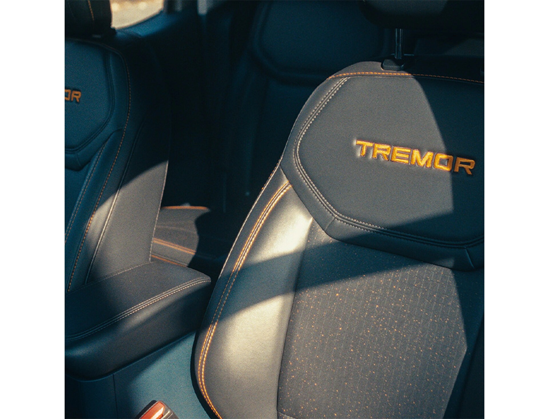 The interior front seats in a Ford Maverick Tremor. 