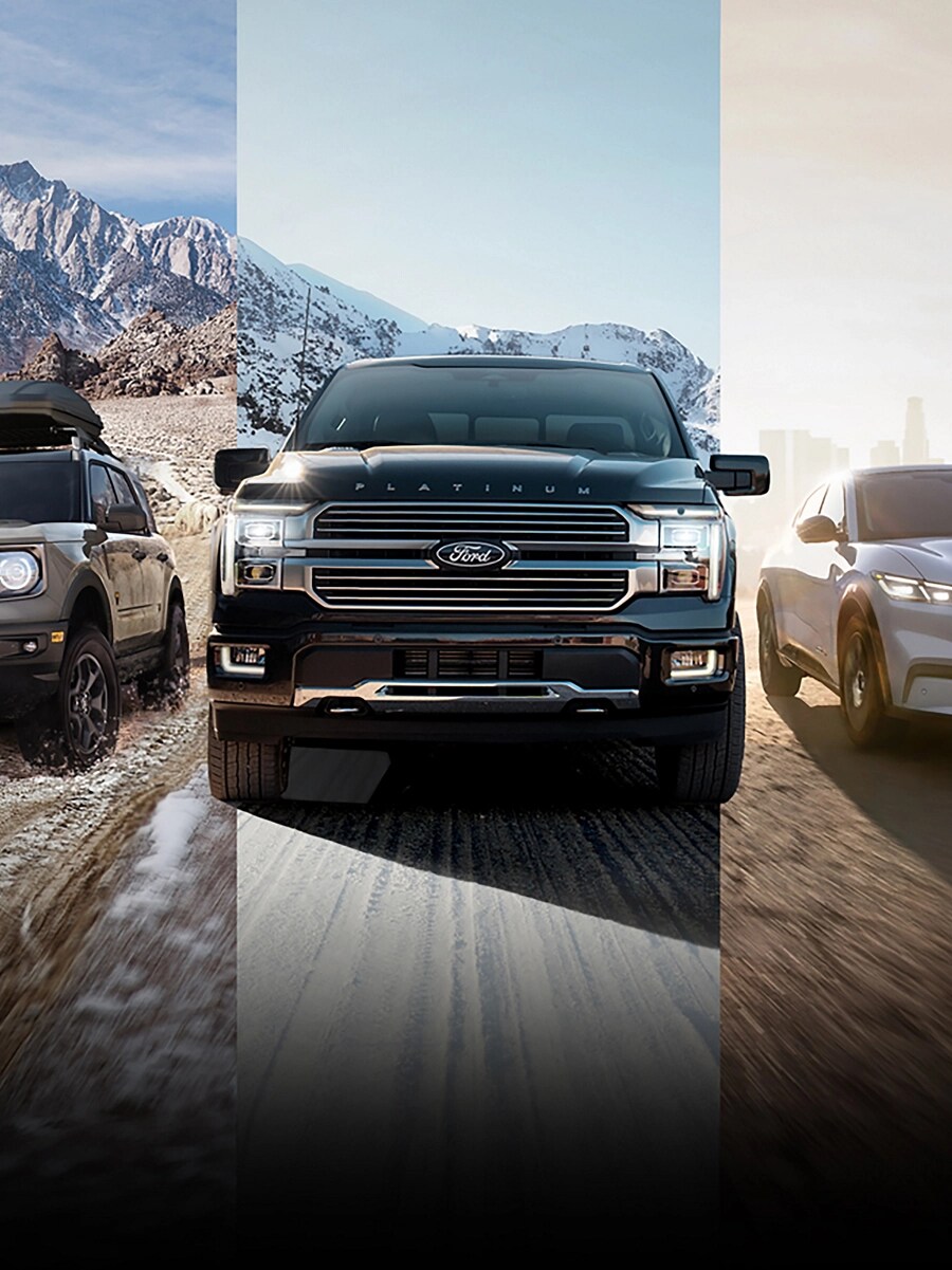 The lineup of Ford vehicles is shown from left to right: Escape, Bronco Sport, F-150, Mach-E, and Explorer