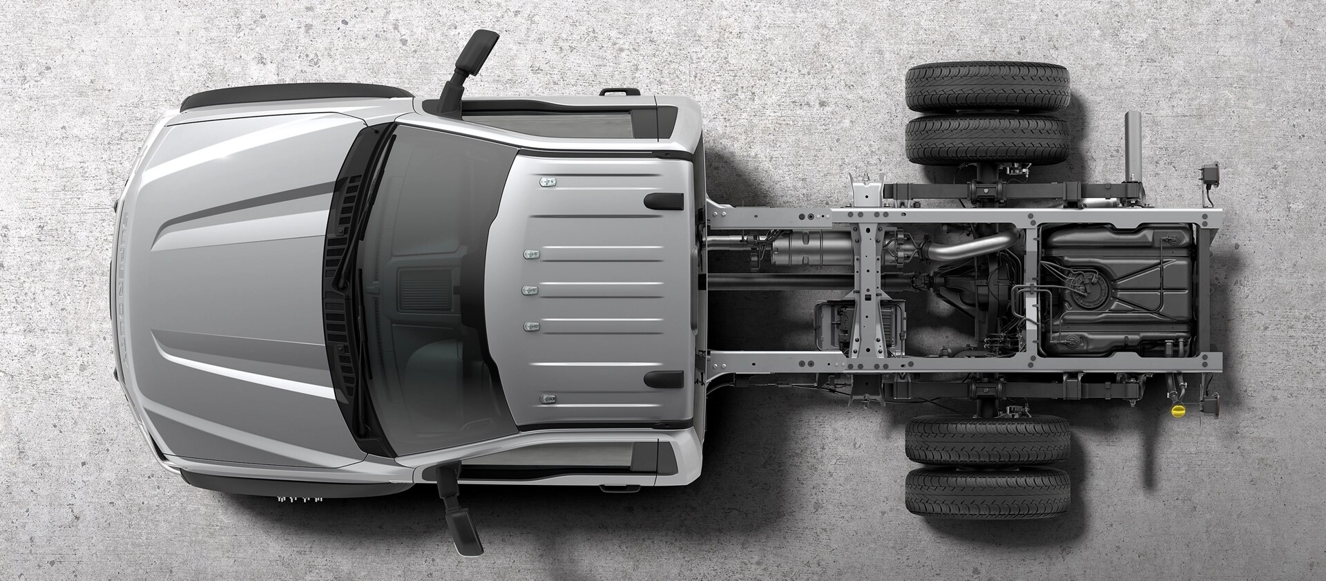 Overhead picture of a 2026 Ford Super Duty® Chassis Cab showing the frame.