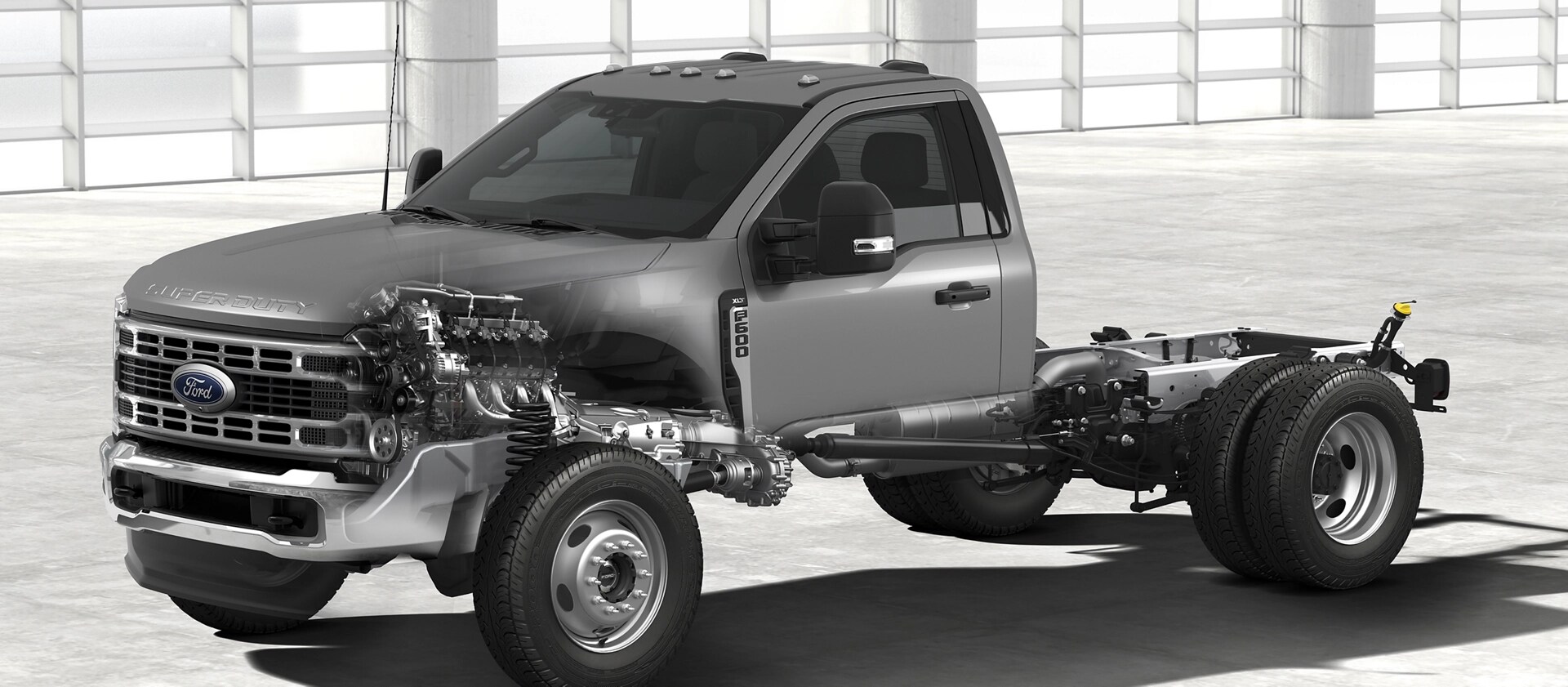 Cutaway illustration of a 2026 Ford Super Duty® Chassis Cab showing engine and drivetrain