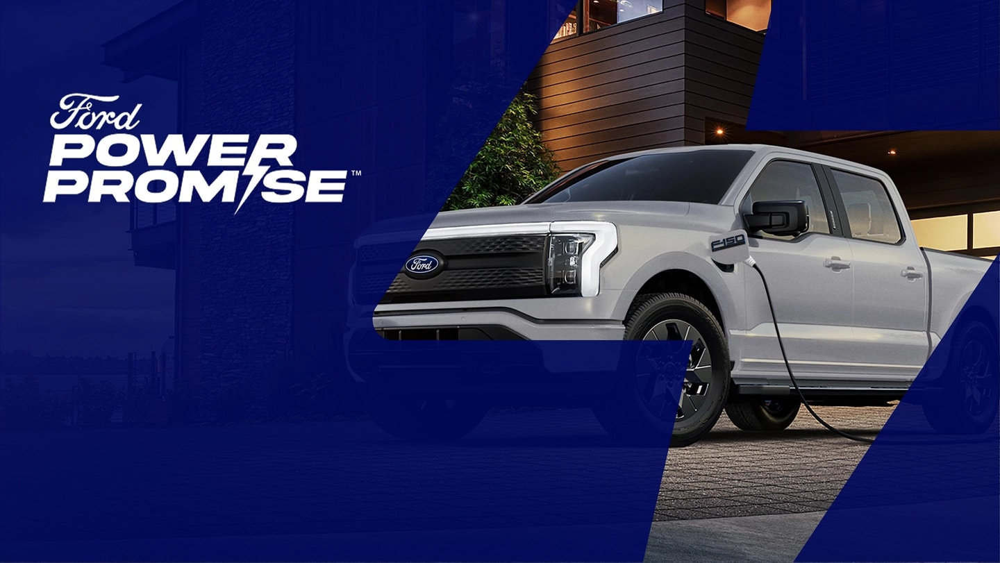 Ford Power Promise logo. A grey Ford F-150 Lightning charging outside a home. 