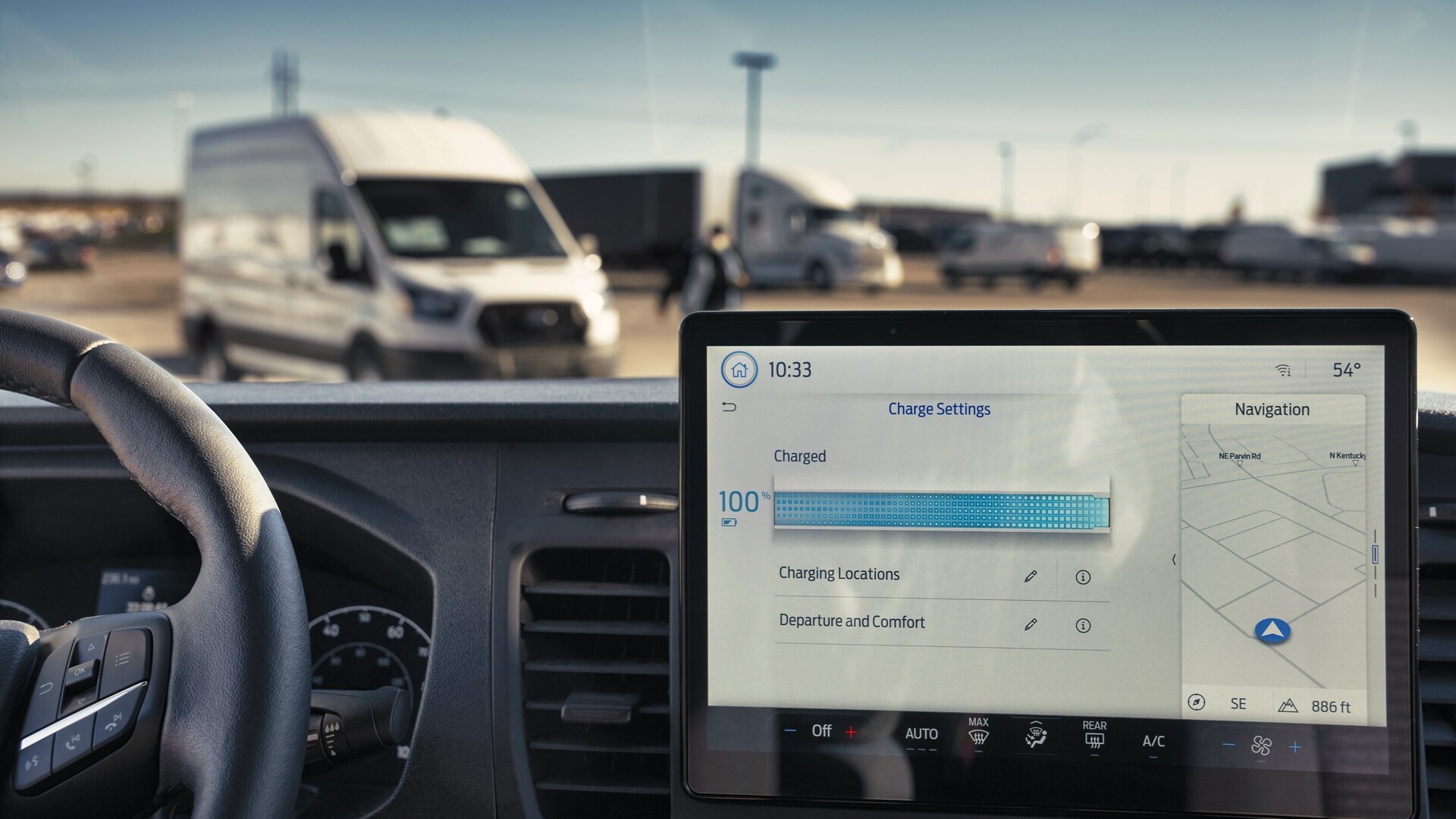 The interior display showing percent charged in a fleet lot