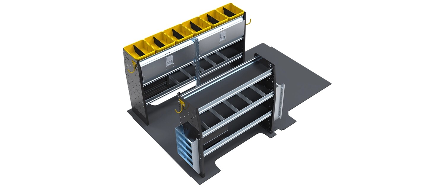 Available trade shelving package for electricians, designed specifically to fit the 2025 Ford E-Transit™ van rear footprint