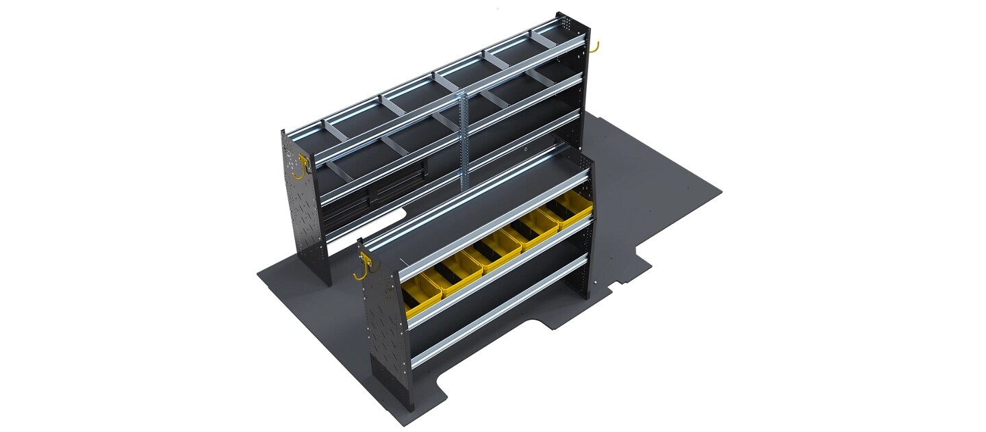 Available folding shelving package, designed specifically to fit the 2025 Ford E-Transit™ van