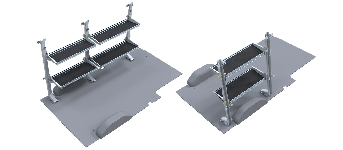 Available folding shelving package, designed specifically to fit the 2025 Ford E-Transit™ van rear footprint