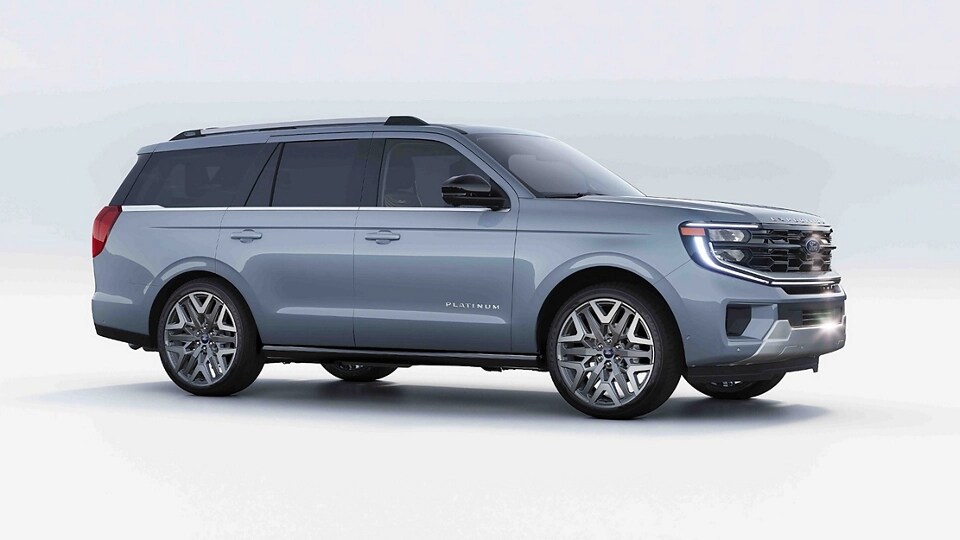 Side profile of a 2025 Ford Expedition® Platinum® SUV in Glacier Gray Metallic Tri-coat