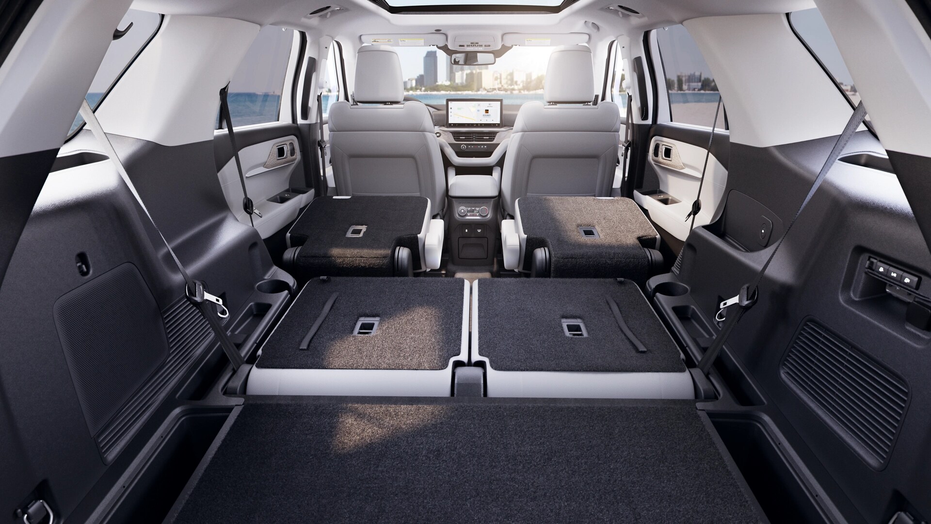 The cargo area of a 2026 Ford Explorer® SUV with the rear seats folded down