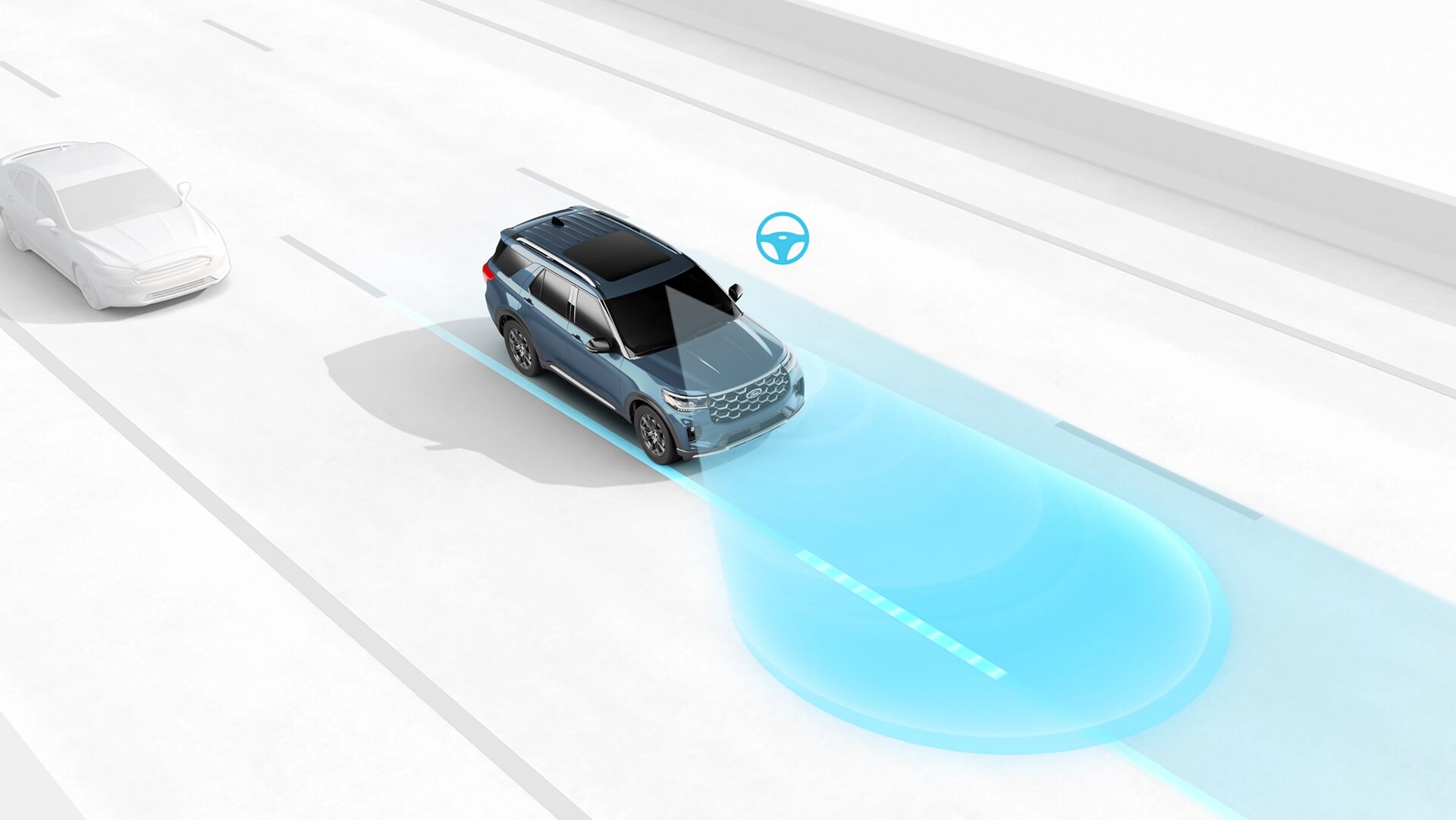An illustration of sensors observing the area around a 2026 Ford Explorer® SUV