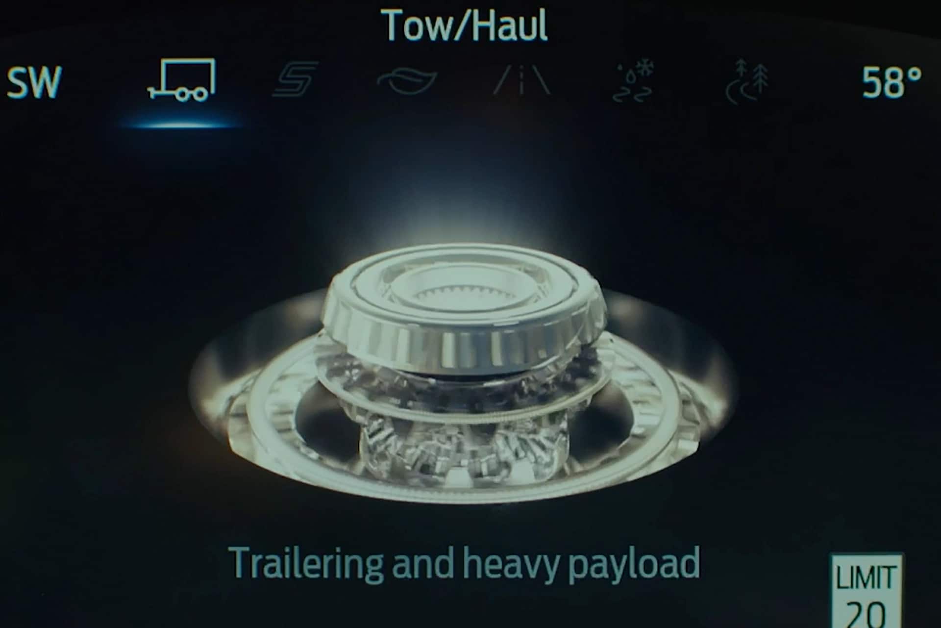 The cluster display in a 2026 Ford Explorer® SUV, showing the Tow/Haul drive mode selected