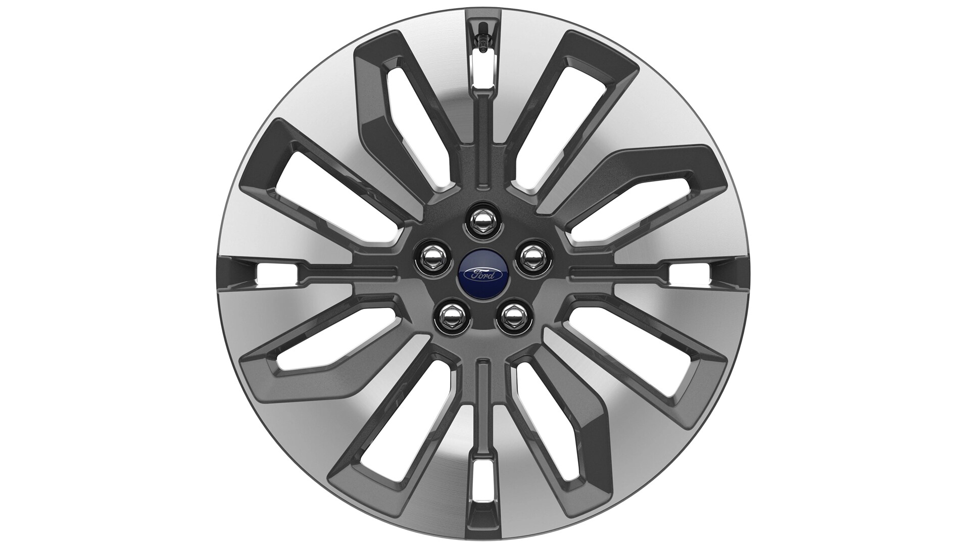 A 21-inch Bright Machined wheel with Dark Tarnish-painted pockets on a white background