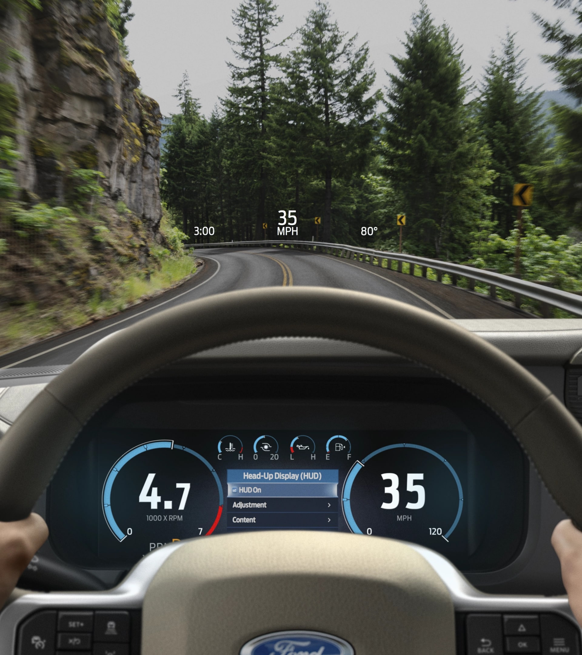 Driver perspective view of Head-Up Display feature showing the speed on to the windshield