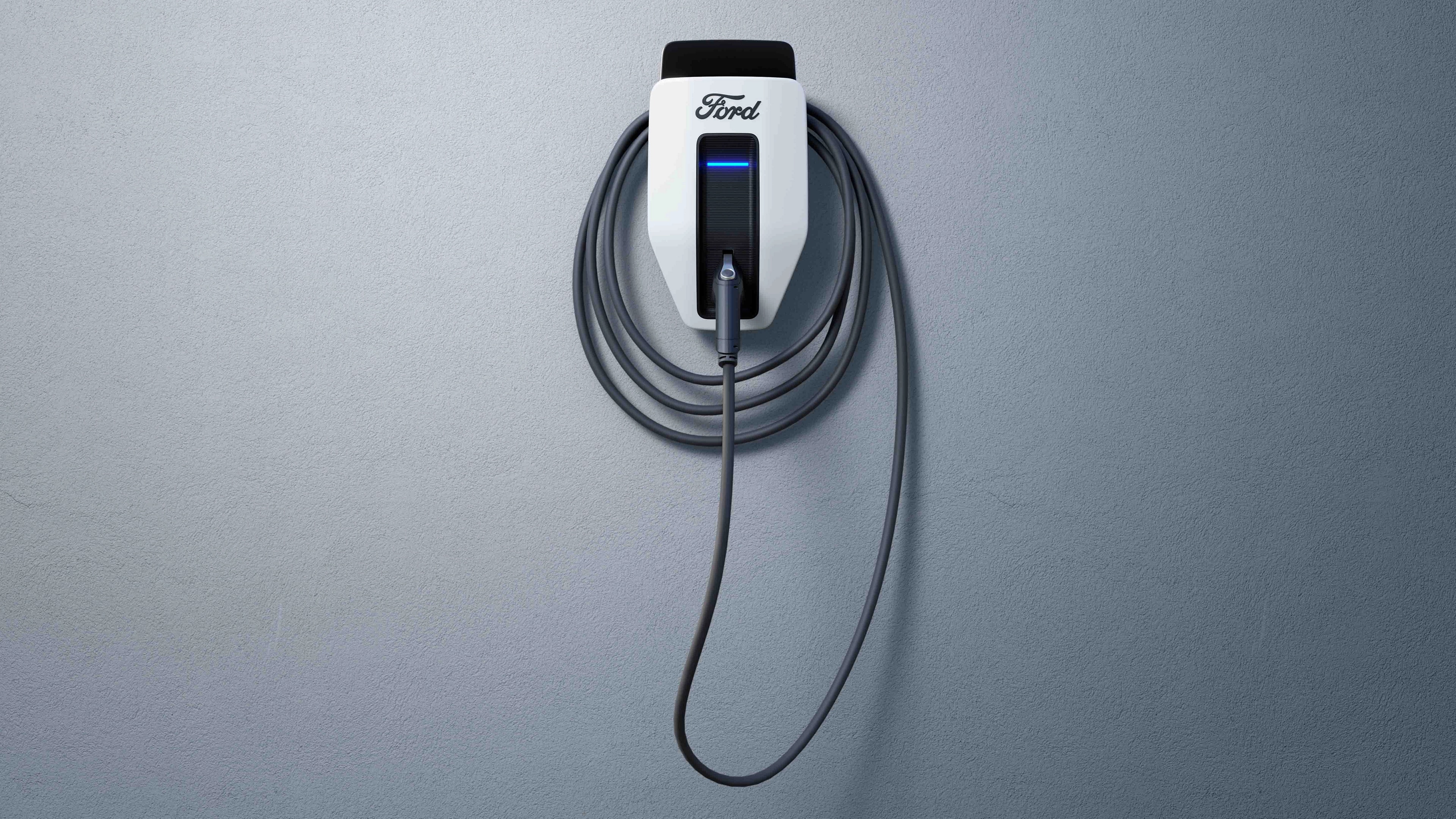 A Ford Charge Station Pro on a grey background