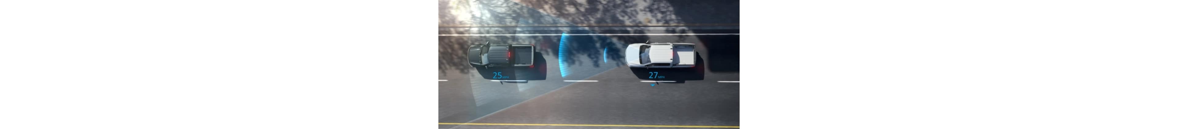 An aerial view demonstration of two 2025 Ford F-150® Lightning® pickups engaged with the Adaptive Cruise Control feature