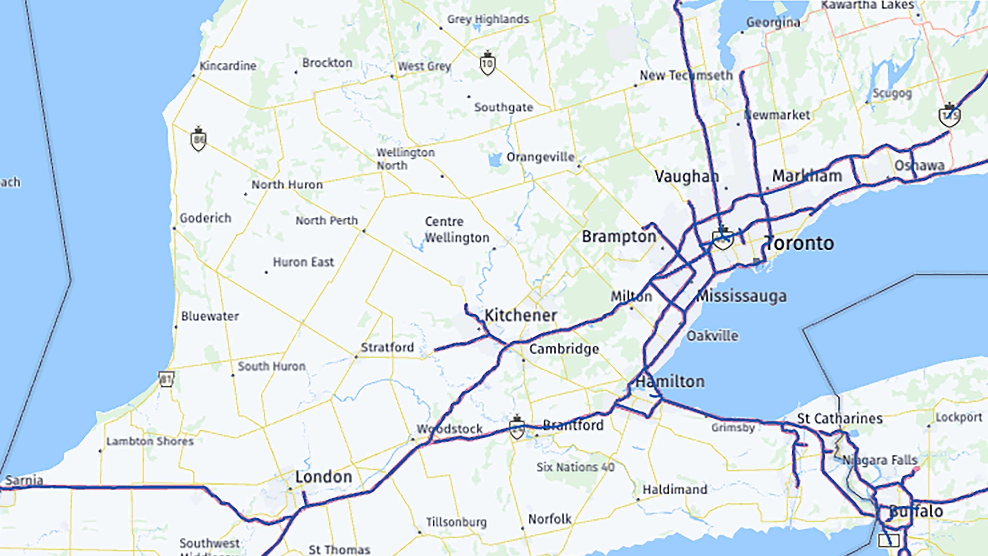 A map of the United States showing Blue Zone highways