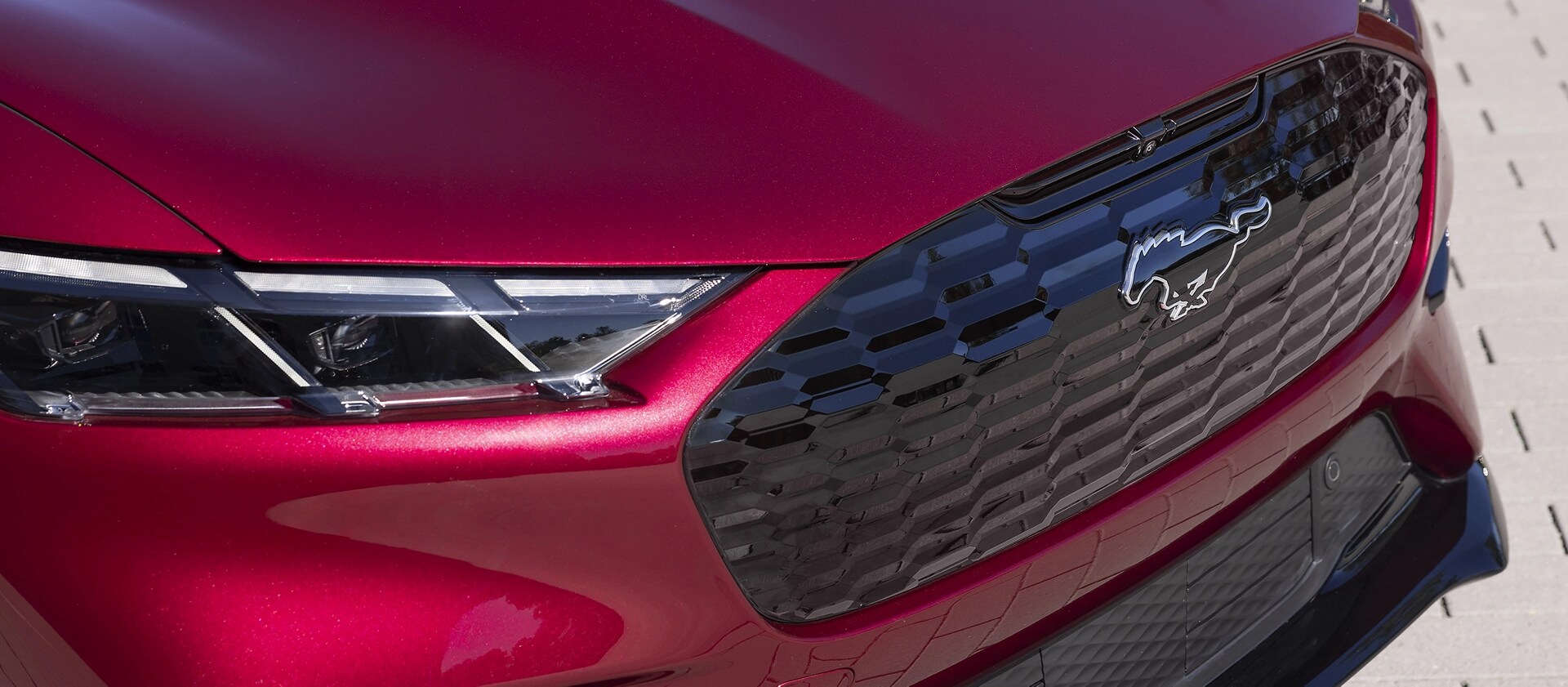 Close-up of the grille and pony badge on the 2025 Ford Mustang Mach-E®