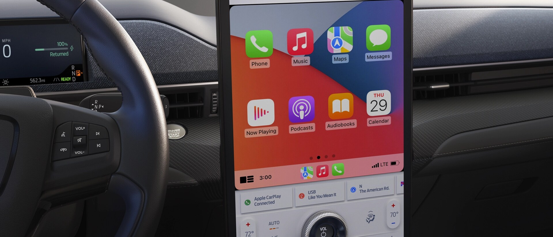 Karaoke lyrics to "Shake It Off" by Taylor Swift displayed on the 15.5" touchscreen of a 2025 Ford Mustang Mach-E®