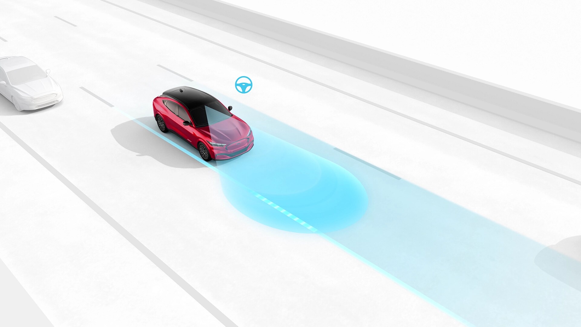 Illustration of a 2025 Ford Mustang Mach-E® using external sensors with Ford BlueCruise