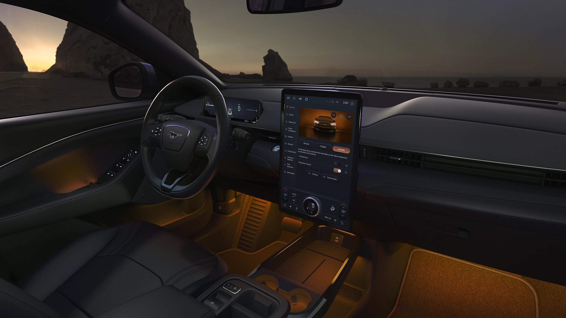 Interior of a 2025 Ford Mustang Mach-E® with ambient lighting