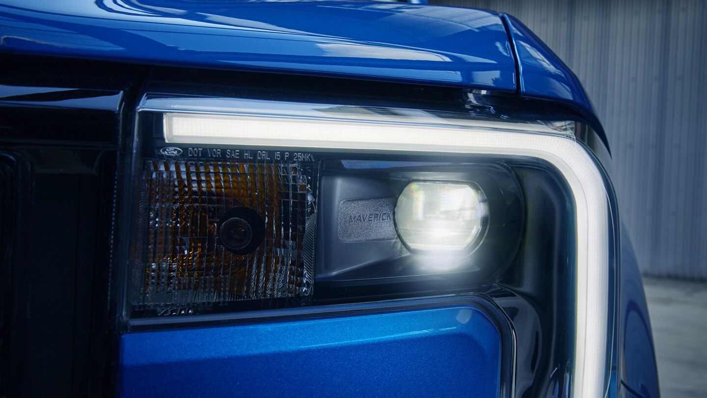 A close-up of the headlamp assembly on a 2025 Ford Maverick® Lariat® pickup