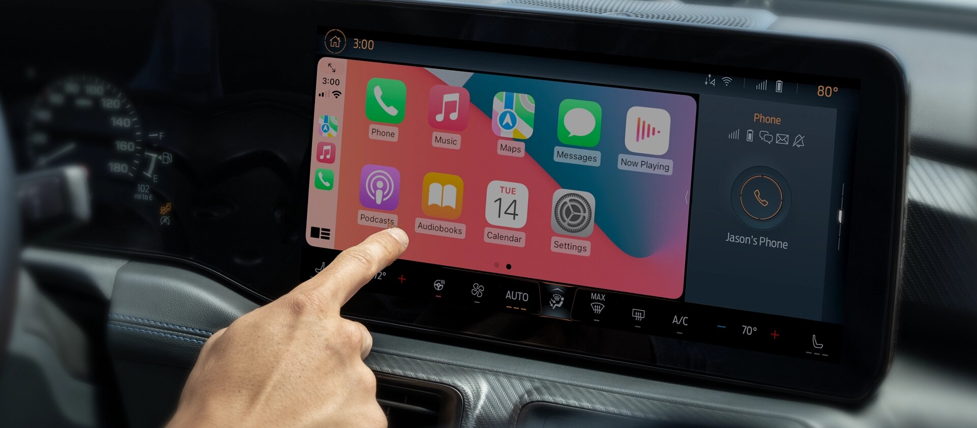 Interior view of a driver using the 13.2" centre touchscreen in a 2025 Ford Mustang®