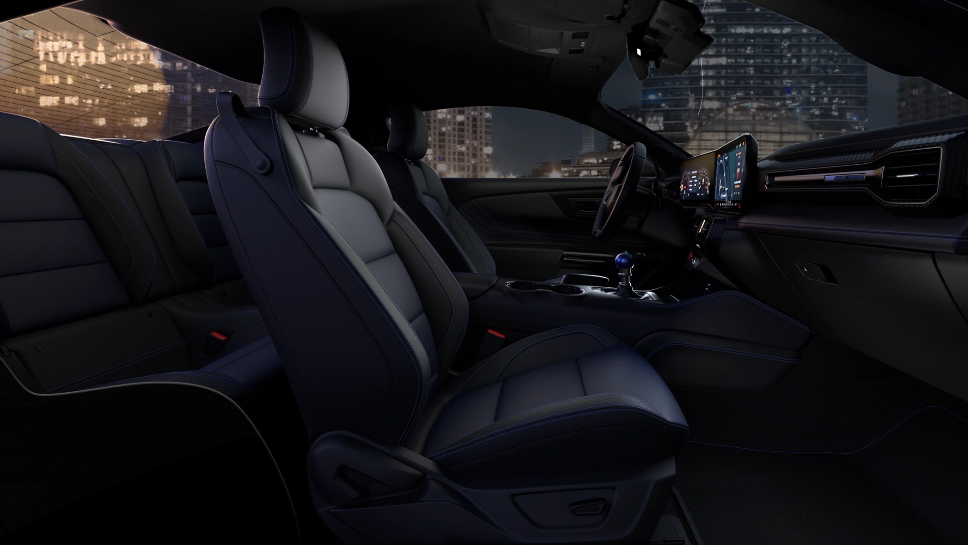 2025 Ford Mustang® Dark Horse™ interior showing the available black cloth with blue accents interior environment