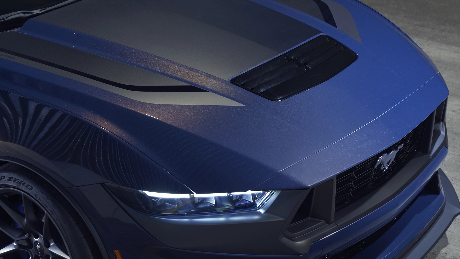 2025 Ford Mustang® Dark Horse™ coupe hood in available Blue Ember Metallic