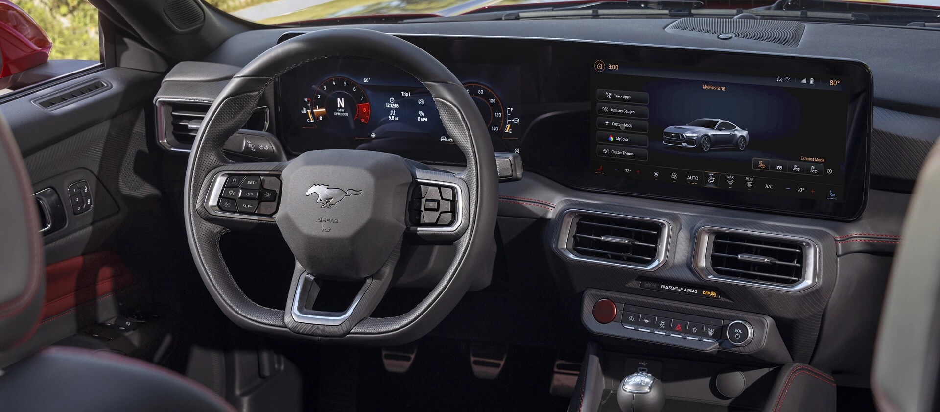 Interior of a parked 2026 Ford Mustang® model with passenger-side door open