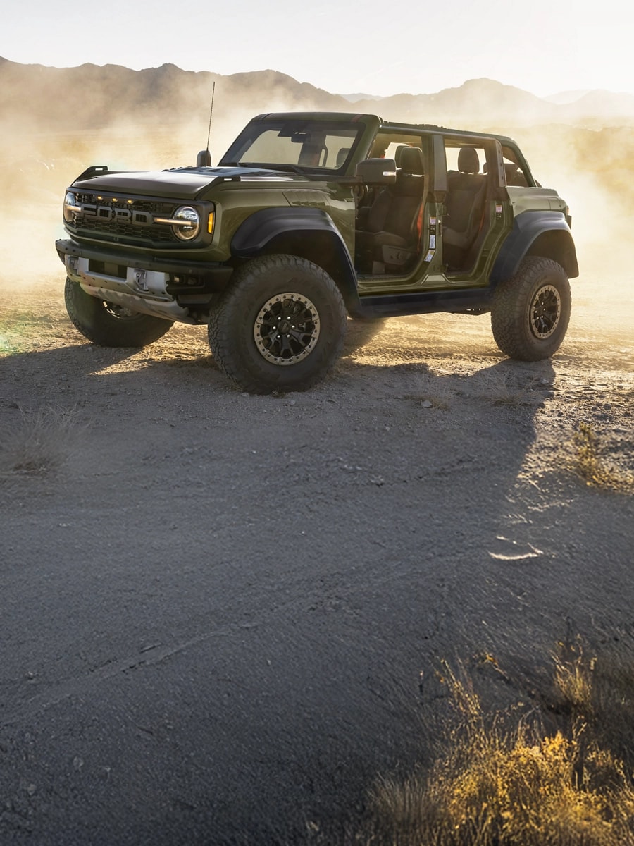 Bronco Raptor with doors and roof removed.