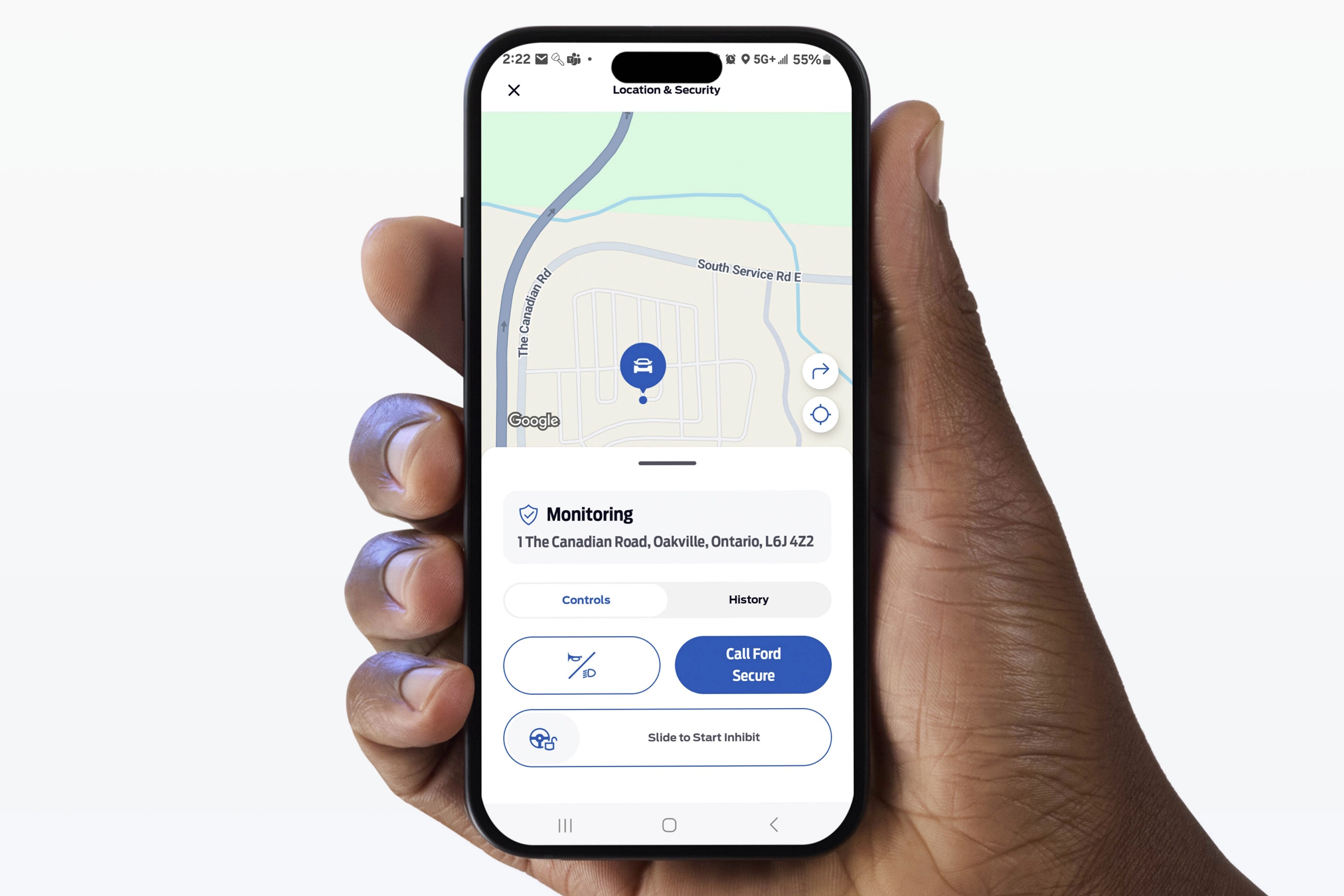 Smartphone displaying the Start Inhibit feature in the FordPass app.