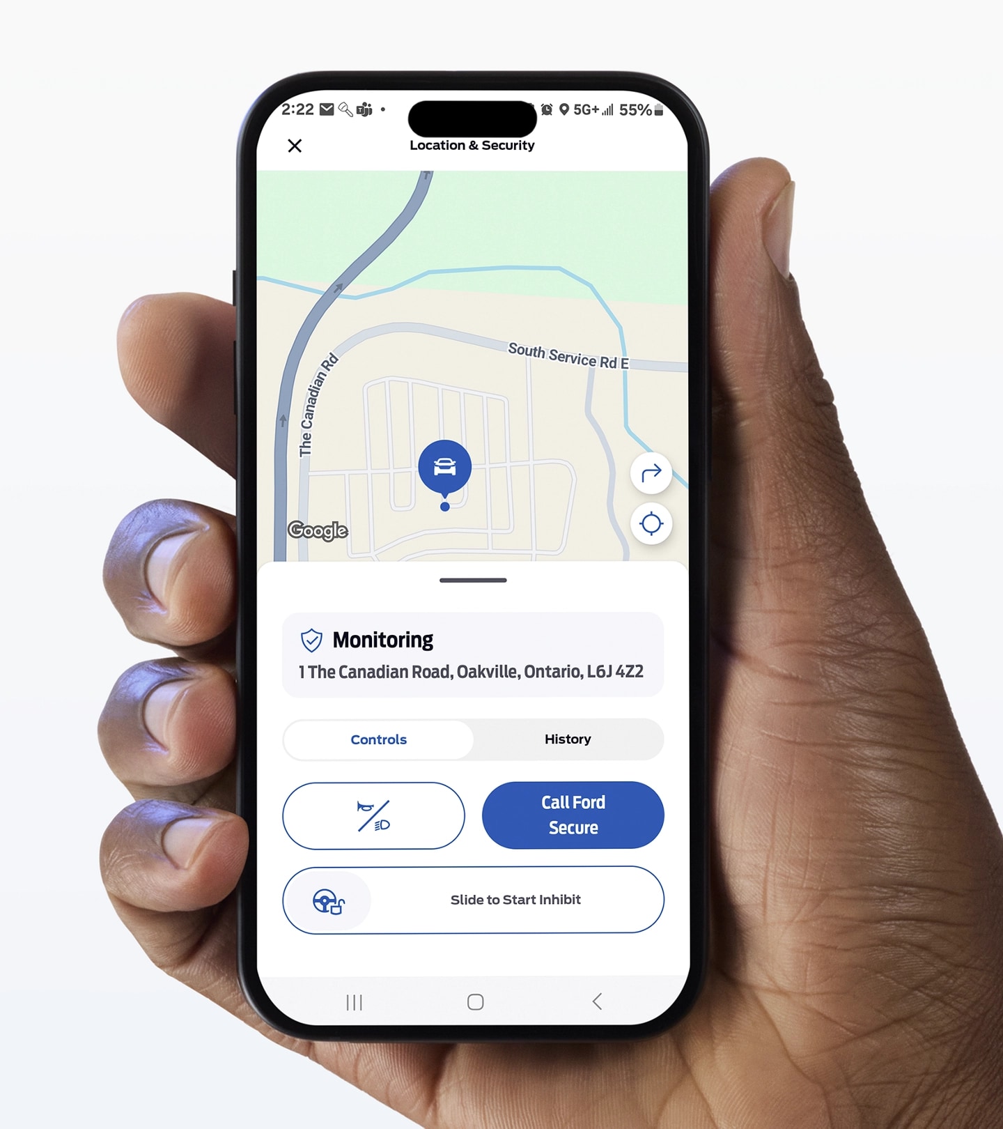 Smartphone displaying the Start Inhibit feature in the Ford app.
