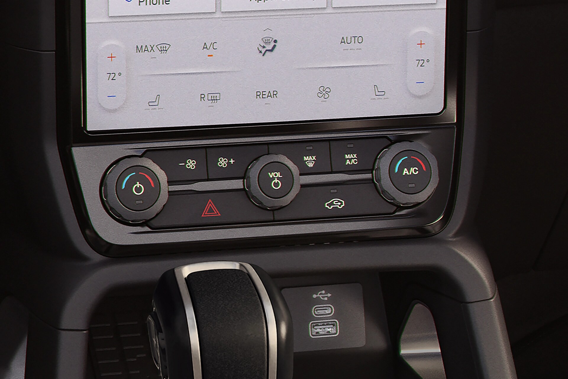 Close-up of the dual-zone climate control screen