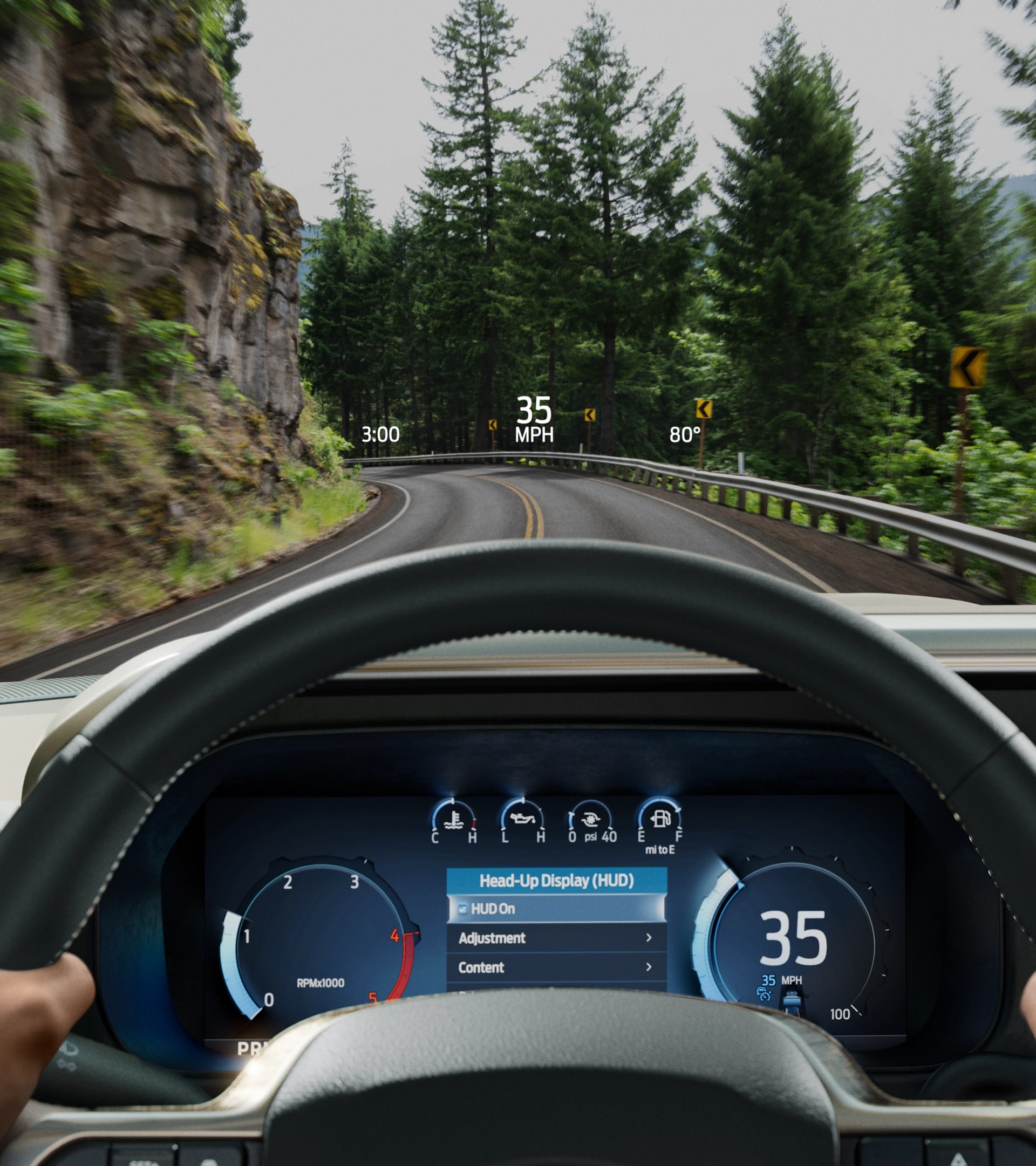 A person driving their 2026 Ford Super Duty® from their point of view, while using the head-up display feature