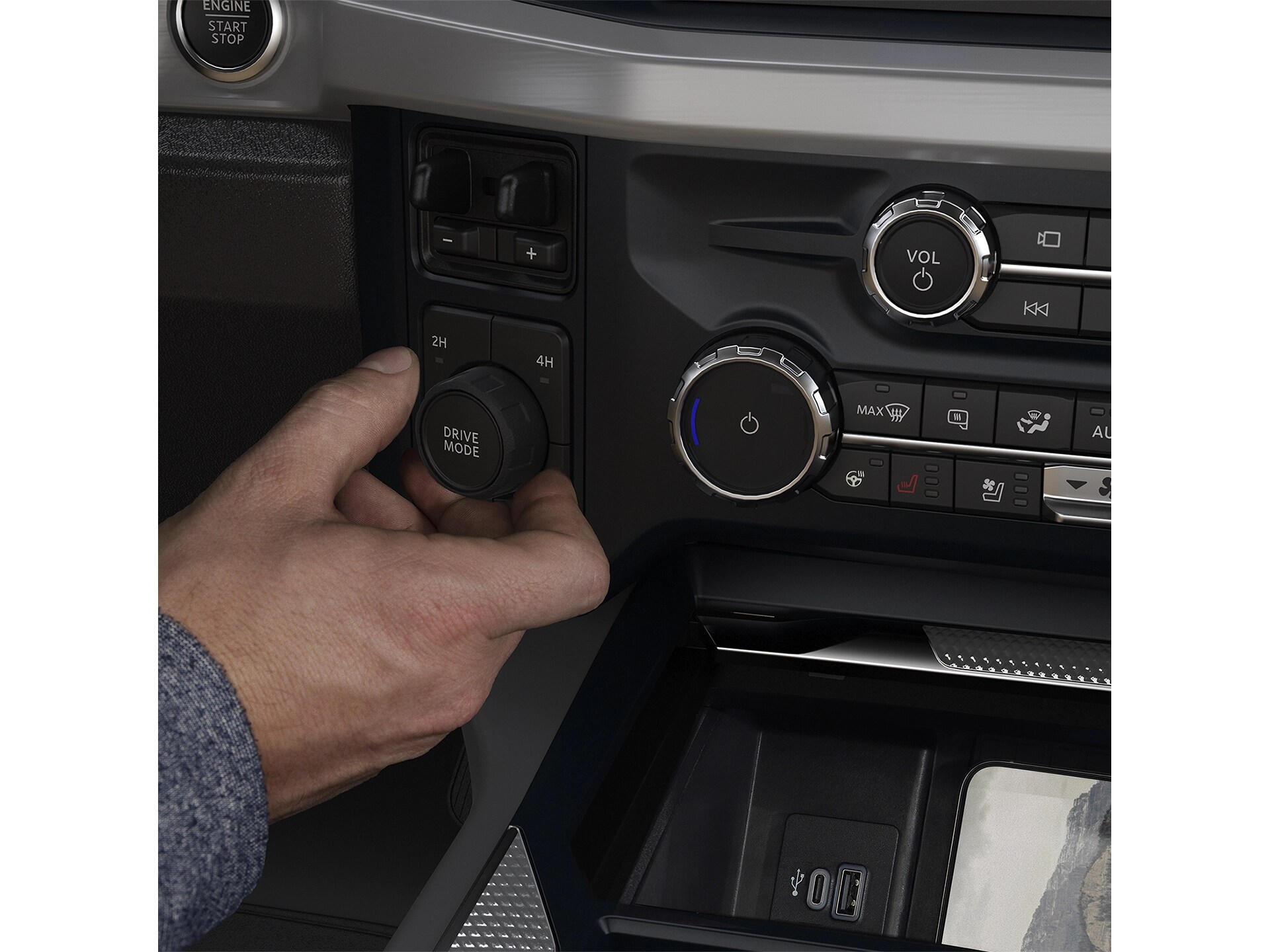 A close-up view of the centre console inside a 2026 Ford Super Duty