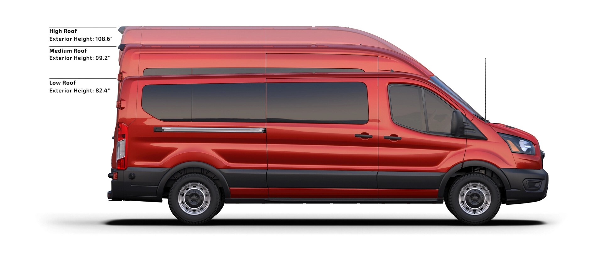 The three heights of a 2025 Ford Transit® Van with dimensions