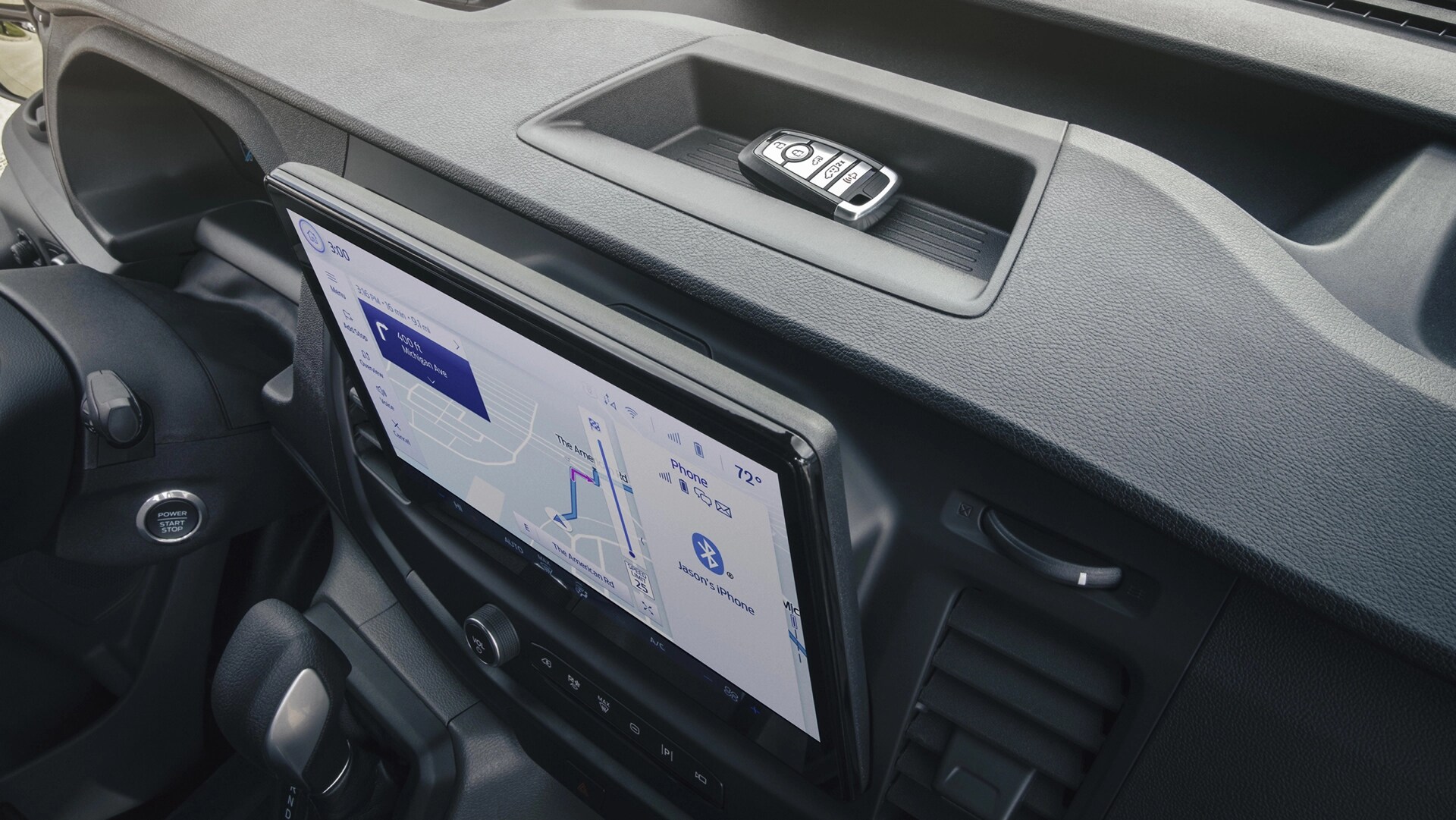 Close-up of the upper dashboard storage compartments in the 2025 Ford Transit® Van