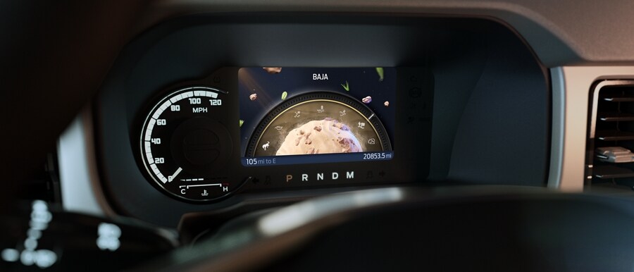 Close view of 2023 Ford Bronco® instrument cluster showing Baja mode