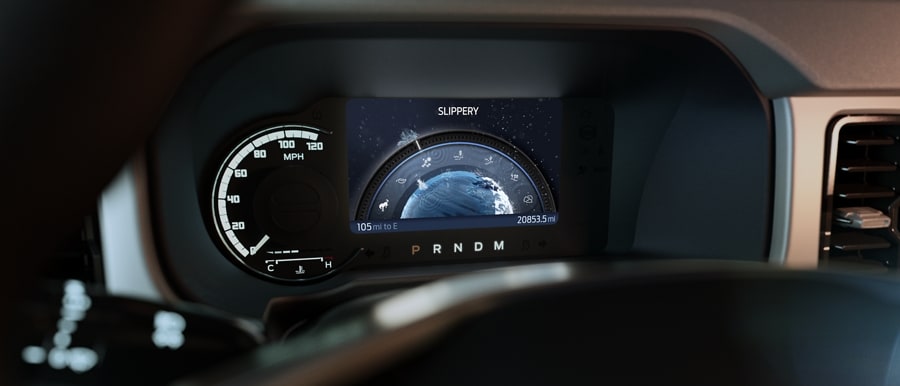 Close-up of 2023 Ford Bronco® instrument cluster showing Slippery mode