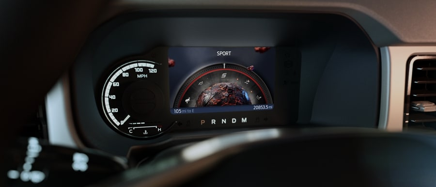 Close-up of 2023 Ford Bronco® instrument cluster showing Sport mode