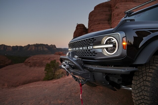 2023 Ford Bronco® Badlands™ model in Shadow Black with available Ford Accessory Heavy Duty Modular Front Bumper