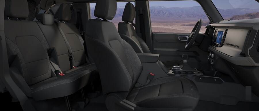 Interior of 2023 Ford Bronco® model showing cloth seats in Dark Space Grey with Black Onyx