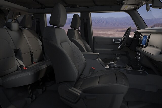 Interior of 2023 Ford Bronco® model showing cloth seats in Dark Space Grey with Black Onyx