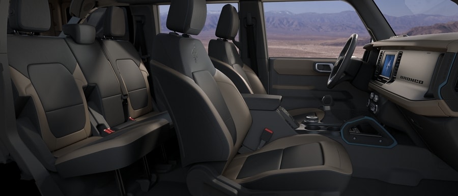 Interior of 2023 Ford Bronco® SUV seats with Medium Sandstone leather-trim with Black Onyx