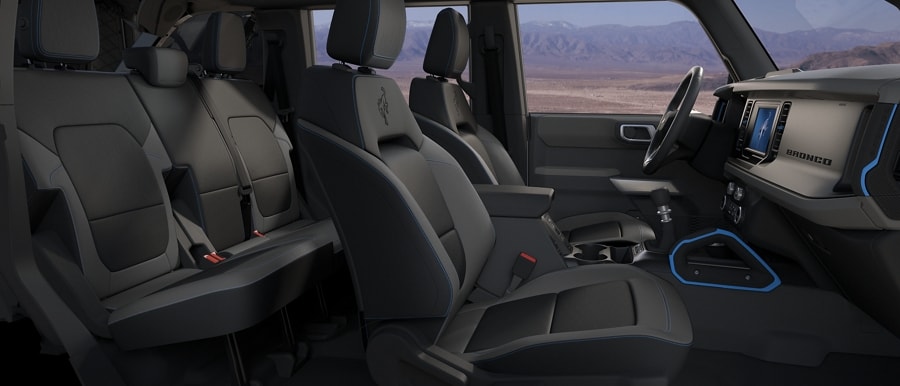 Interior of 2023 Ford Bronco® Everglades™ with standard marine-grade vinyl seats in Dark Space Grey with Black Onyx