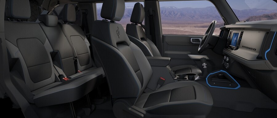 Interior of 2023 Ford Bronco® SUV with marine-grade vinyl seats in Dark Space Grey with Black Onyx