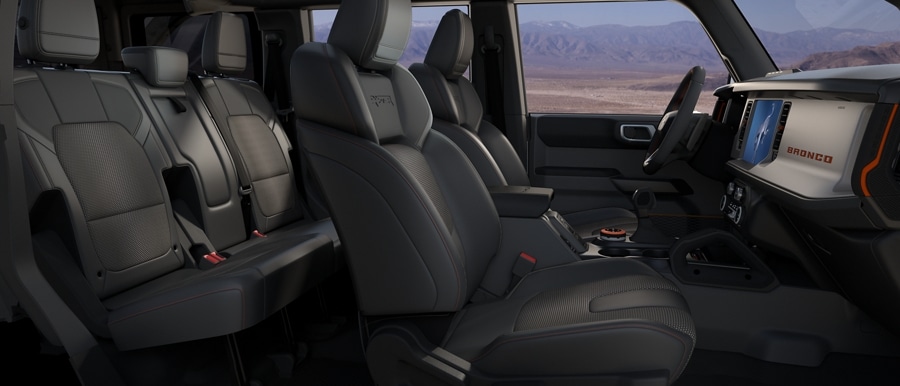 Interior of 2023 Ford Bronco® Raptor® showing available leather-trimmed seats in Black Onyx