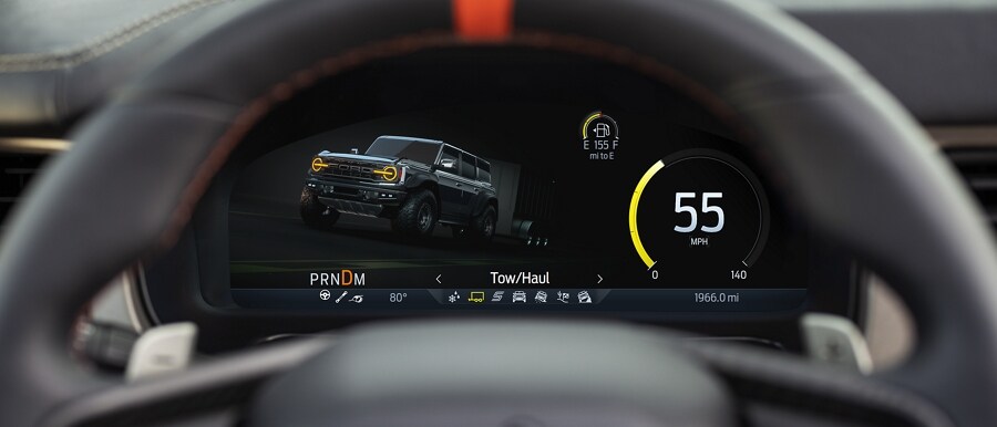 Close-up of 2023 Ford Bronco® instrument cluster showing Tow-Haul mode