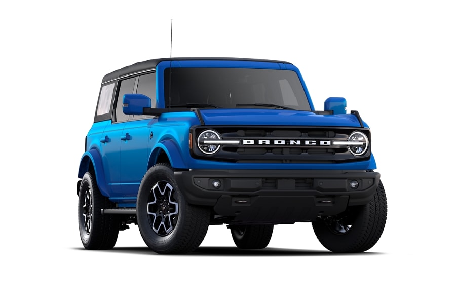 Four-door 2023 Ford Bronco® Outer Banks™ model shown in Velocity Blue Metallic