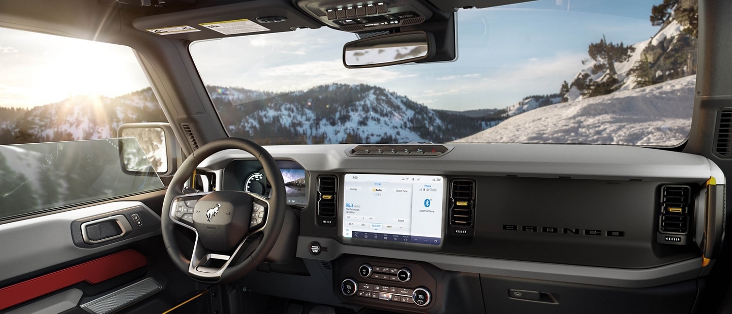 Interior of a 2023 Ford Bronco® parked in the mountains