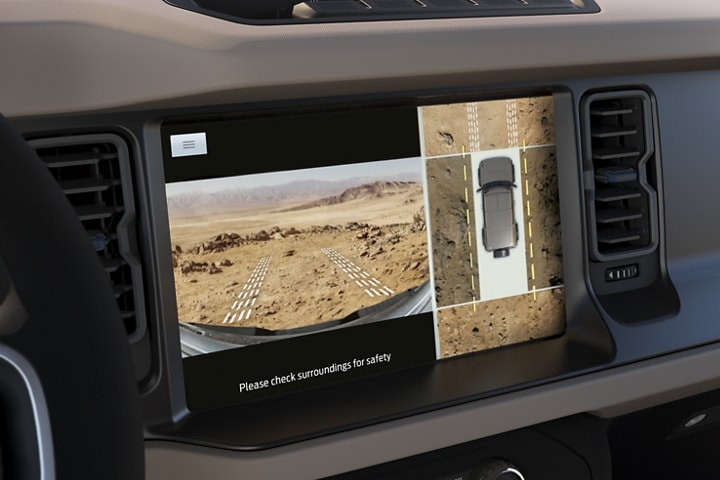 2023 Ford Bronco interior shot showing image from available 360-Degree Camera displaying on Touchscreen