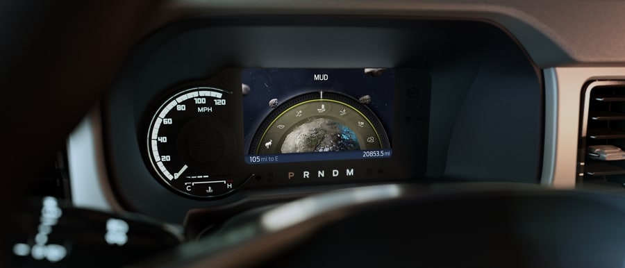 Close-up of 2024 Ford Bronco® instrument cluster showing Mud/Ruts mode